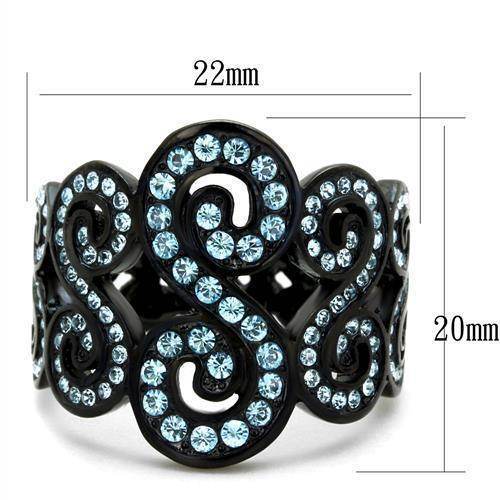 Fashionable sea blue crystal ring with intricate swirl design and striking black finish