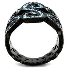 Elegant sea blue crystal ring with intricate black design, perfect for stylish women.
