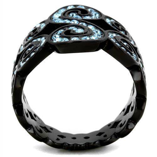 Elegant sea blue crystal ring with intricate black design, perfect for stylish women.