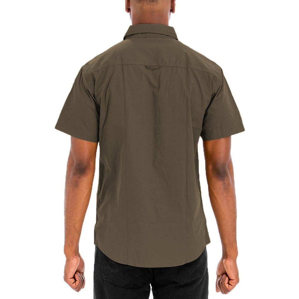 Men's short sleeve button down shirt in olive green with back yoke detail from VacationGrabs
