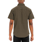 Men's short sleeve button down shirt in olive green with back yoke detail from VacationGrabs