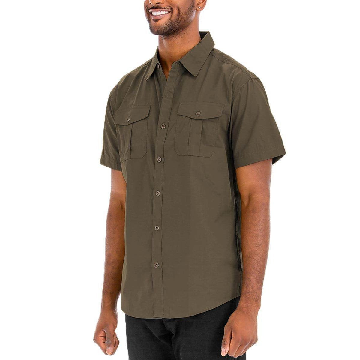 Men's short sleeve button down shirt in olive green with front pockets and button closure