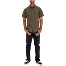 Men's short sleeve button down shirt in olive green with two front pockets for casual wear