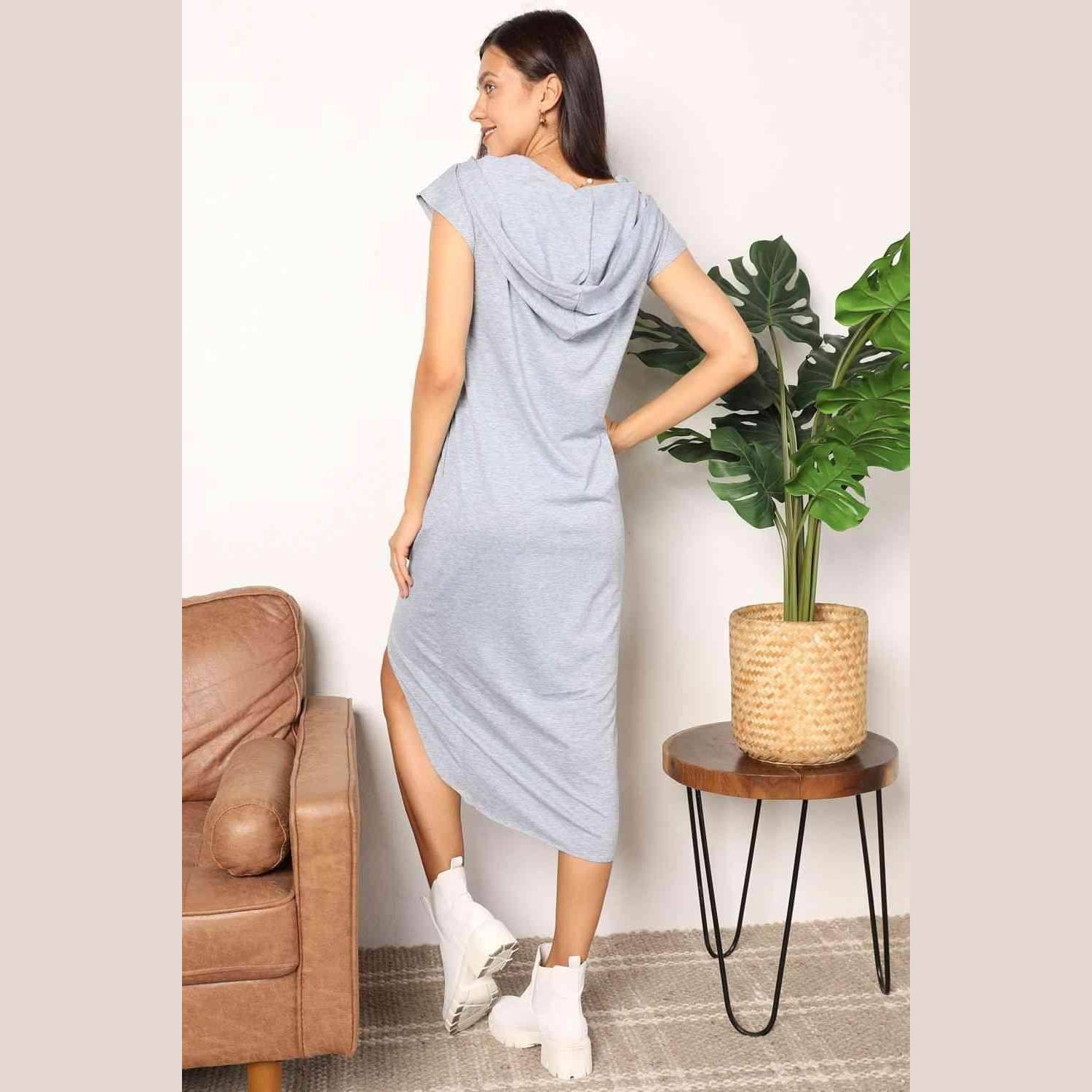 Trendsi short sleeve hooded dress in grey, featuring a relaxed fit and side slits for comfort