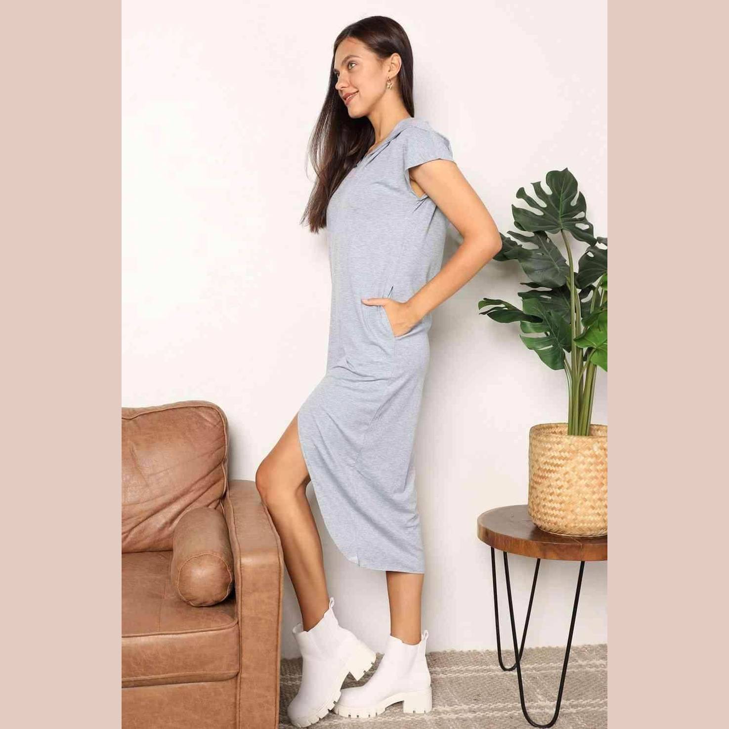 Trendsi short sleeve hooded dress in gray with pockets and side slit, perfect for casual outings