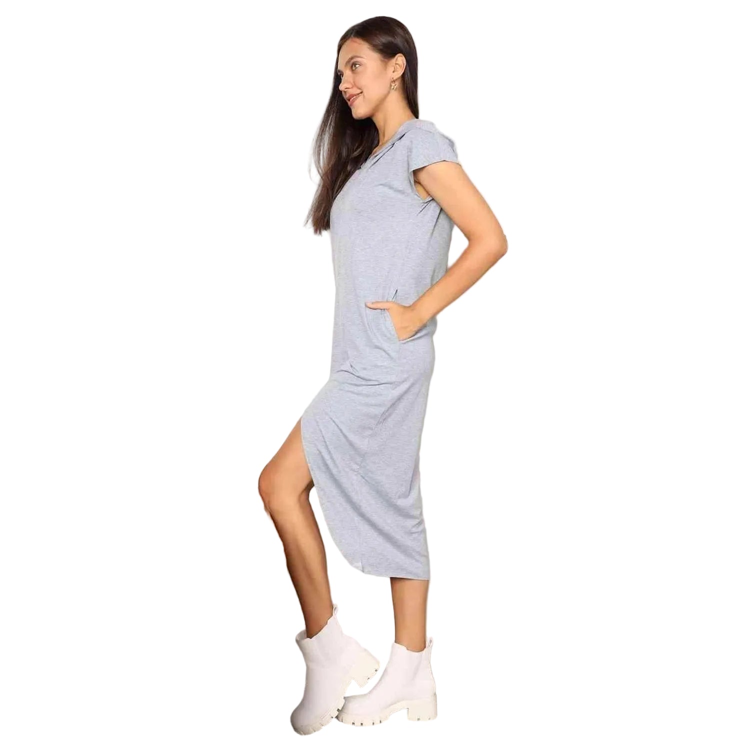 Trendsi short sleeve hooded dress in gray with pockets and side slit, perfect for casual outings