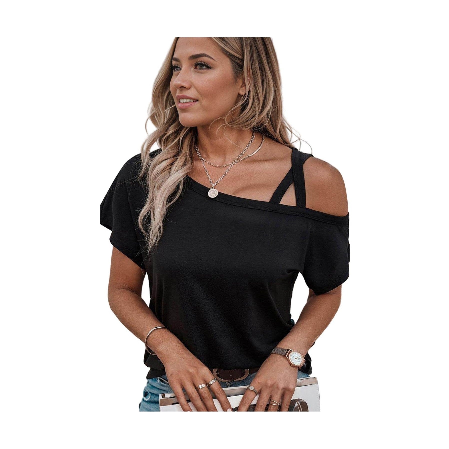 Trendsi women's short sleeve summer top in black featuring an off-shoulder design
