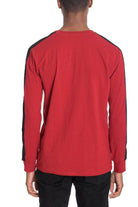 Red side stripe pullover men shirt with long sleeves and contrast black stripes on shoulders