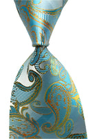 Elegant blue silk necktie fashion with intricate gold paisley pattern for formal occasions