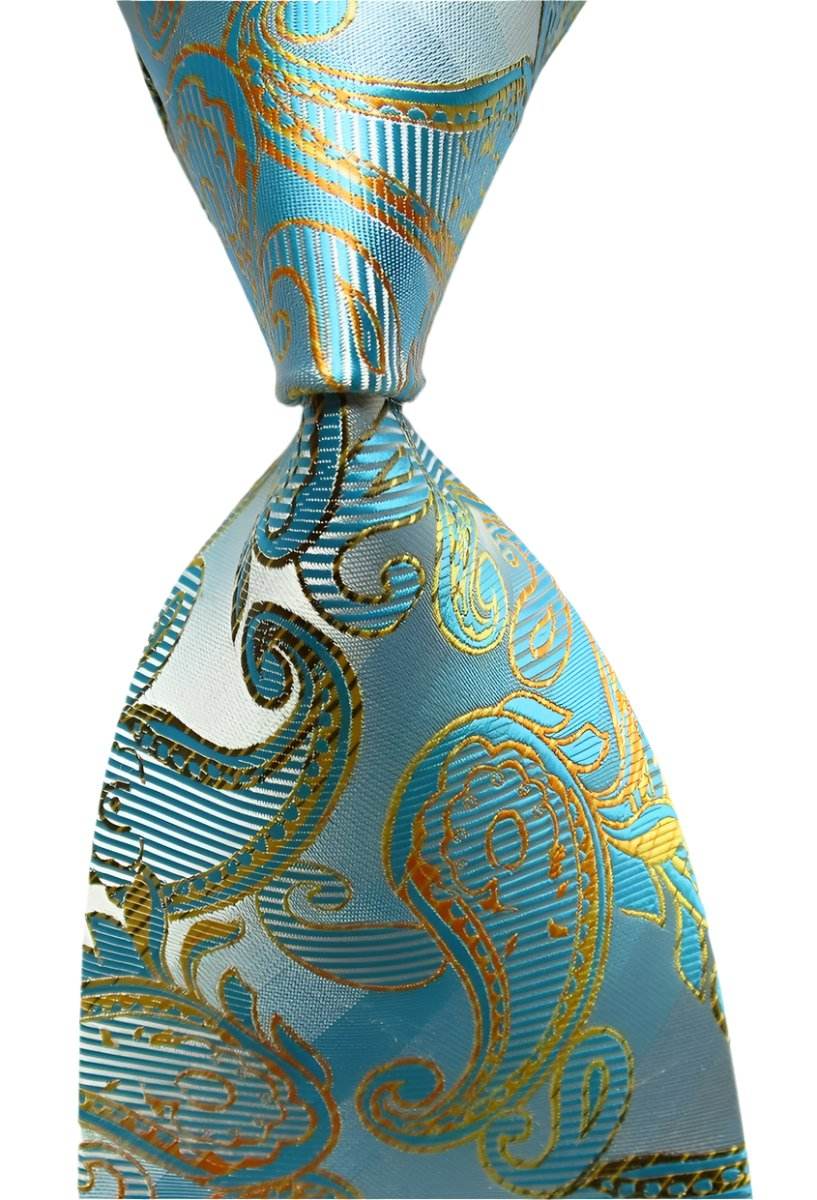Elegant blue silk necktie fashion with intricate gold paisley pattern for formal occasions