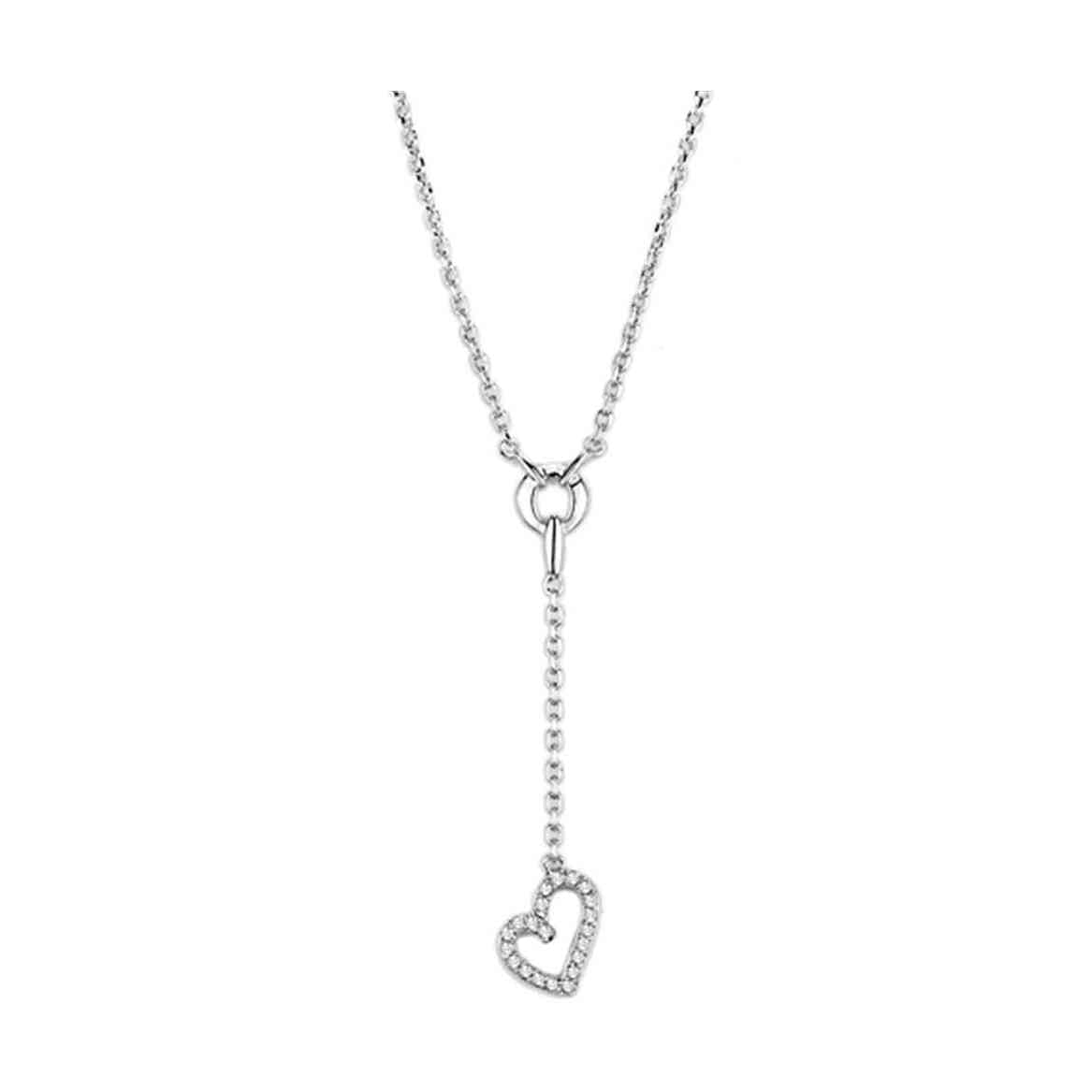 Elegant silver tone brass necklace for women featuring a heart pendant with sparkling accents