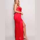 Sleeveless Deep V Low Back Bow Maxi Dress - Vibrant Red - VacationGrabs