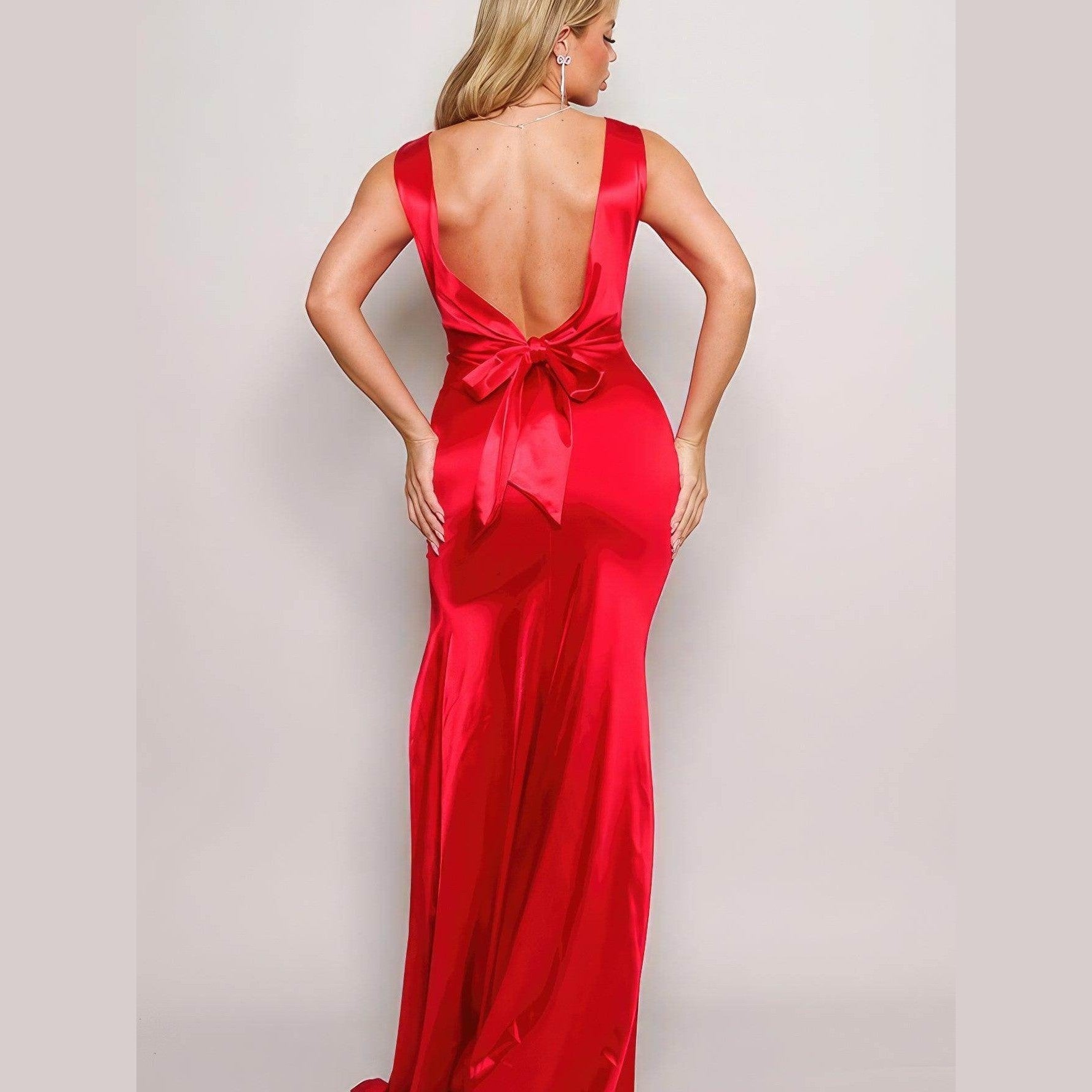 Sleeveless Deep V Low Back Bow Maxi Dress - Vibrant Red - VacationGrabs