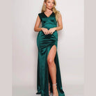 Sleeveless Power Shoulder Slitted Maxi Dress - Hunter Green - VacationGrabs