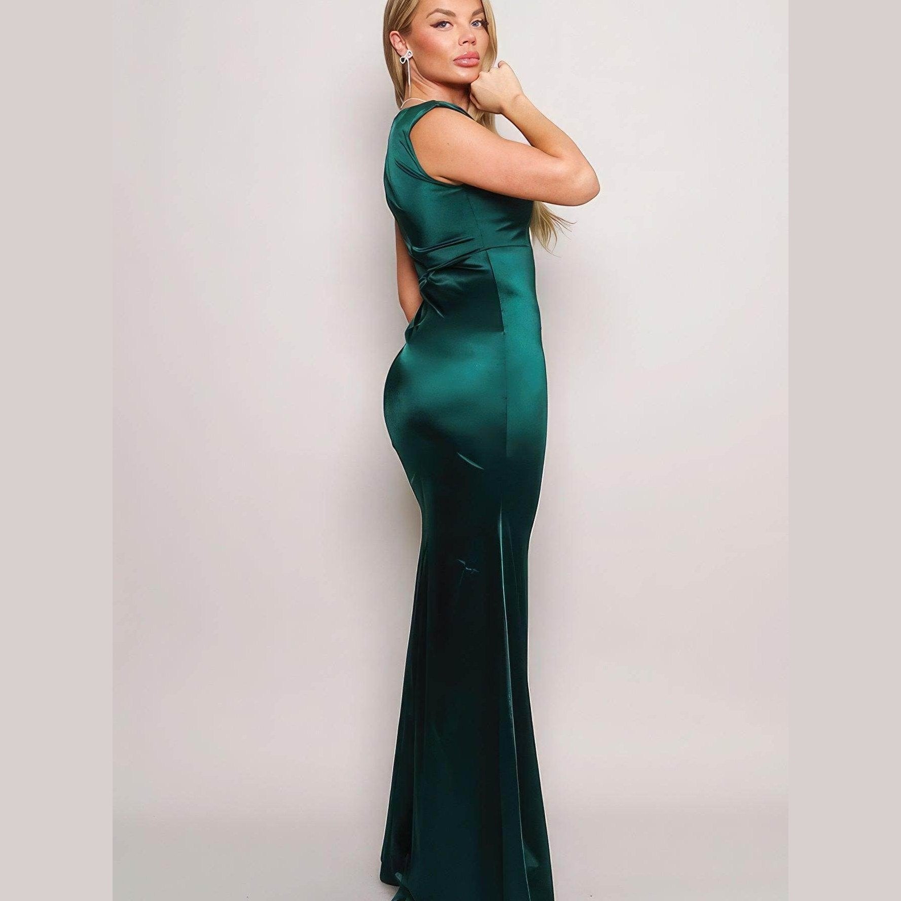 Sleeveless Power Shoulder Slitted Maxi Dress - Hunter Green - VacationGrabs