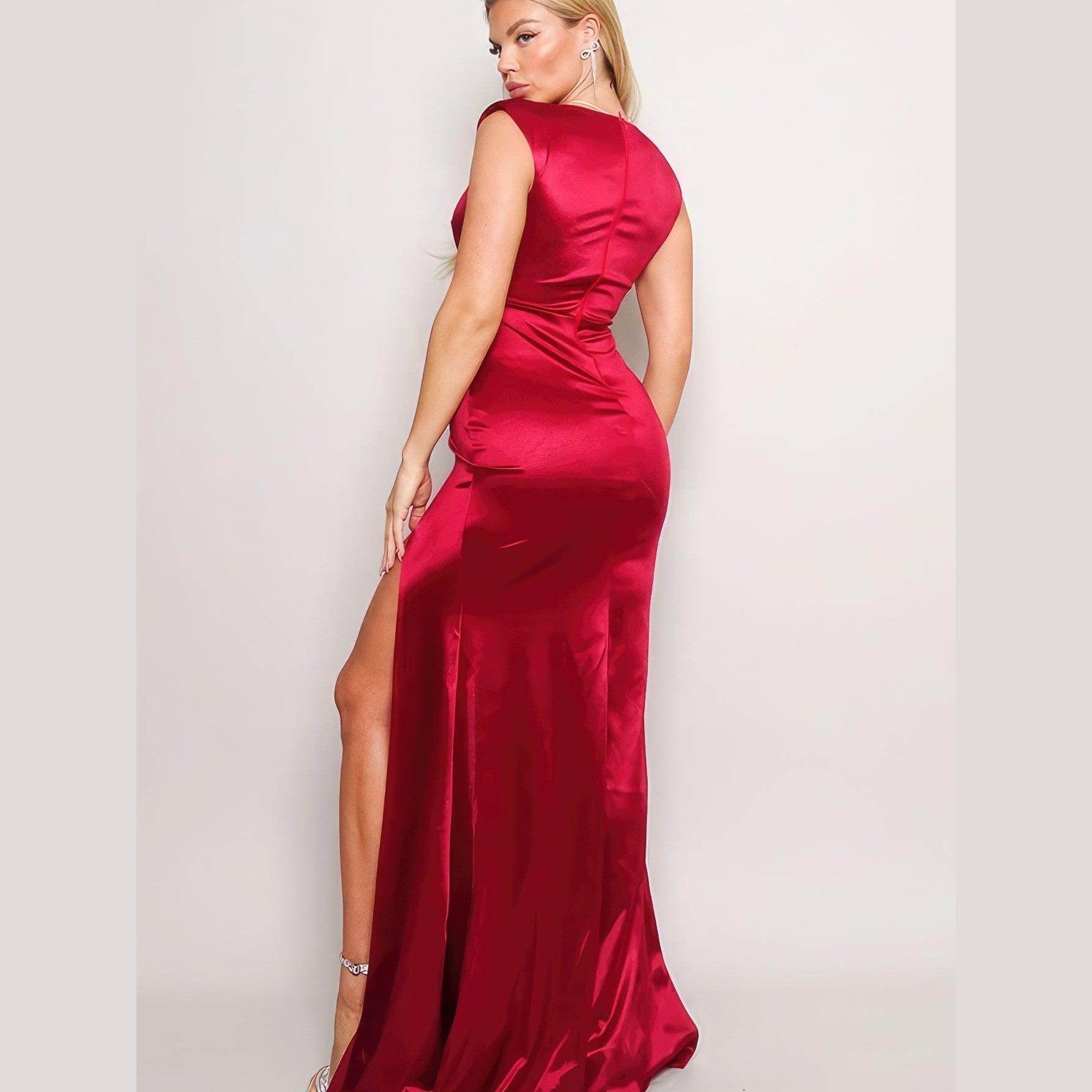 Sleeveless Power Shoulder Slitted Maxi Dress - Rich - VacationGrabs