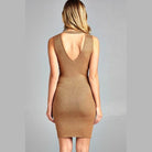 Back view of a sleeveless V-neck sweater dress by Ivory Felix in a soft beige color
