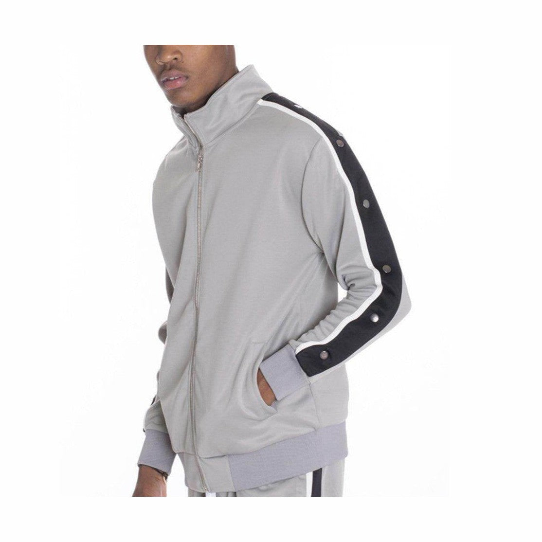VacationGrabs men's snap button track jacket in gray with black side stripes and zip pockets