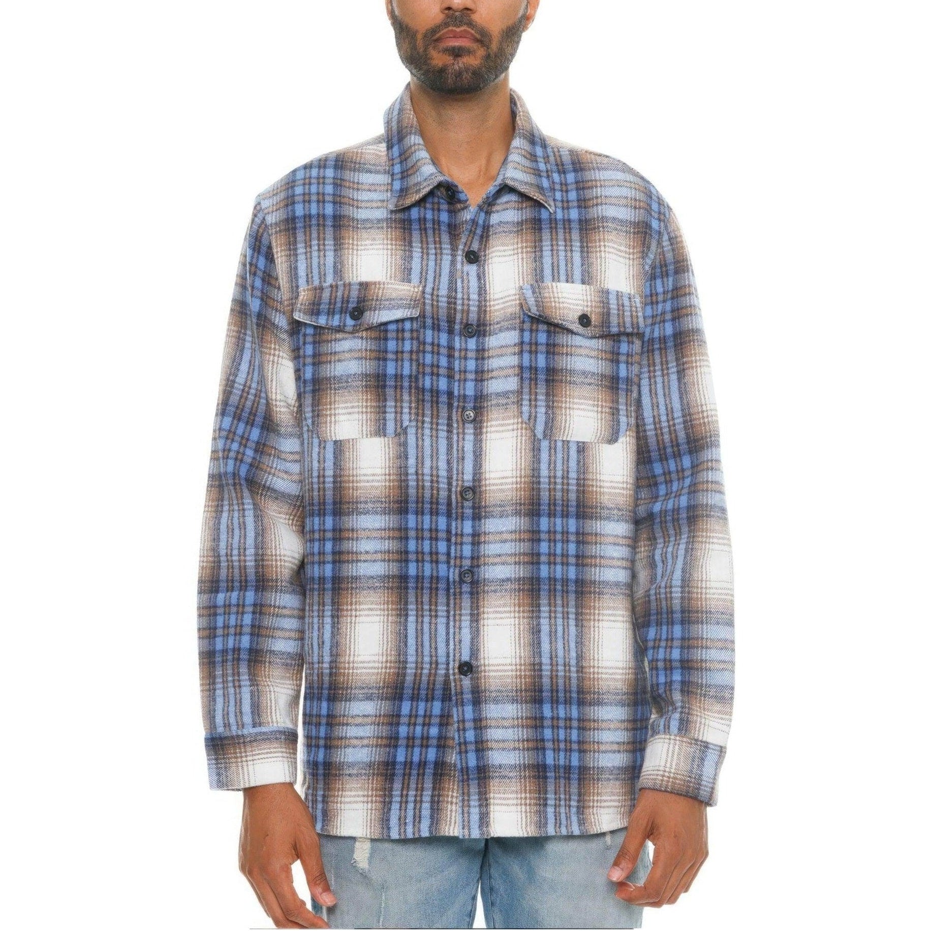 Men's soft flannel shirt jacket in blue plaid design with two front pockets for a stylish look