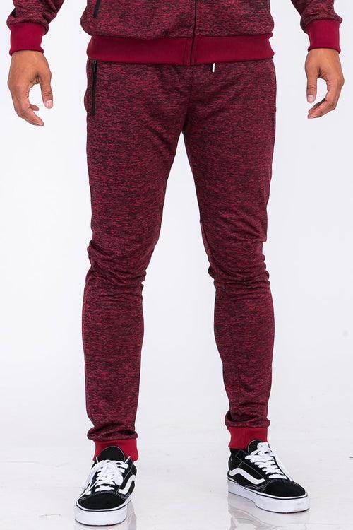 Men's speckled jogger pants in burgundy with a slim fit design and comfortable fabric
