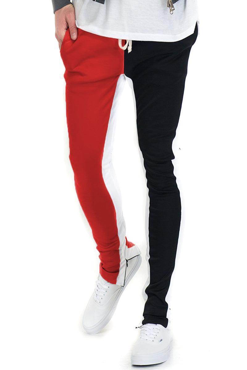 Men's split track pants for men featuring a stylish red and black design with a slim fit