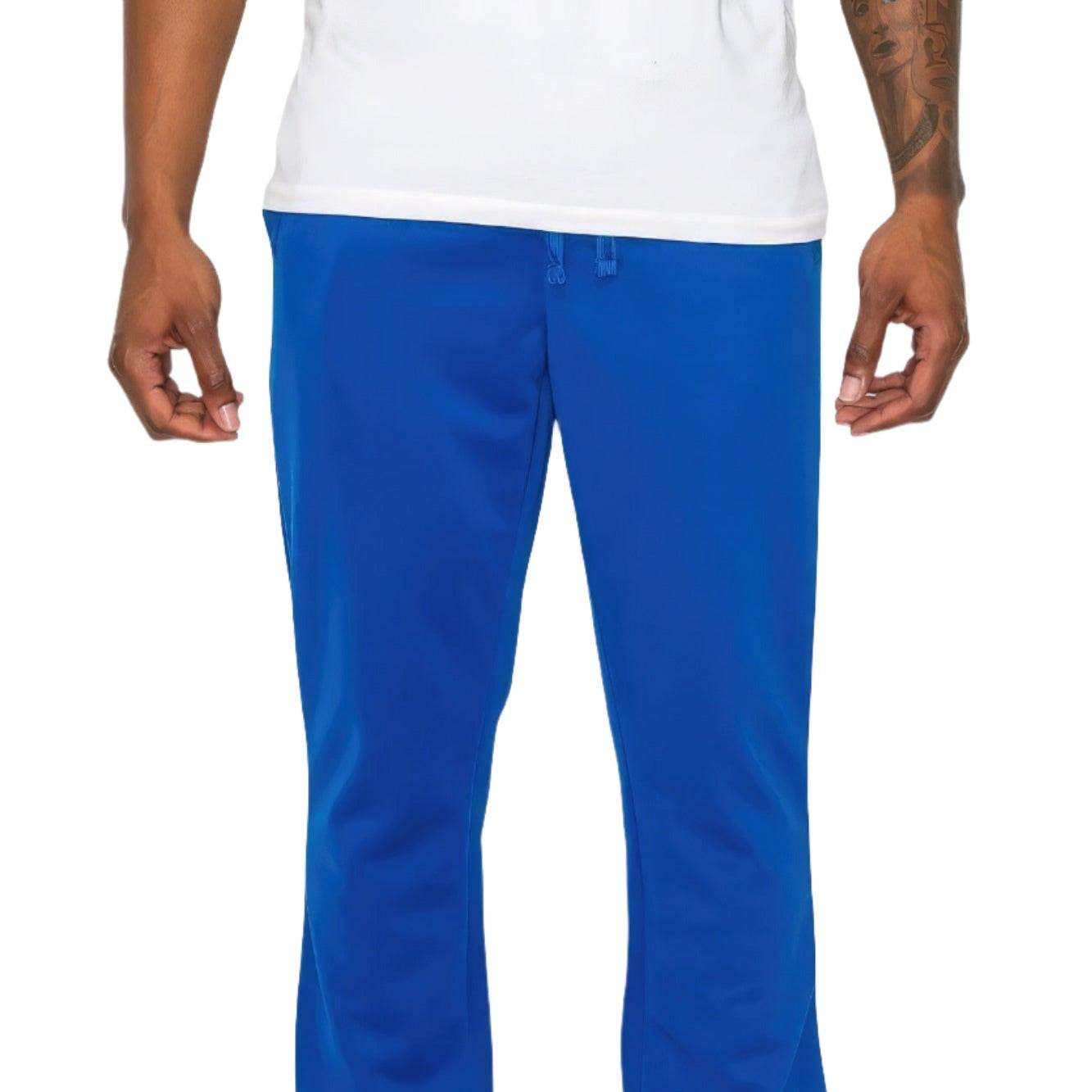 Blue stacked track pants for men by VacationGrabs, perfect for casual wear and workouts