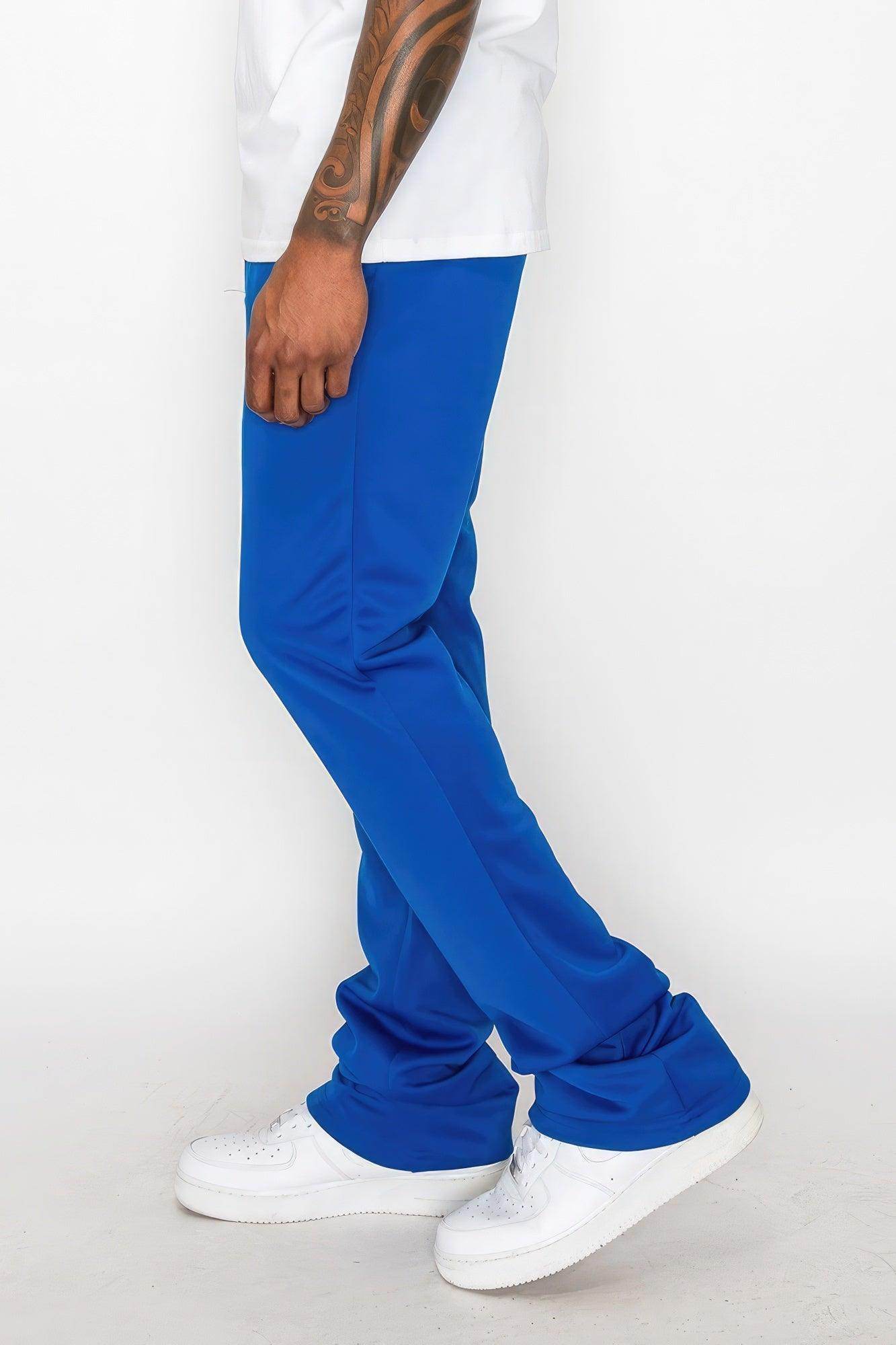 VacationGrabs stacked track pants for men in vibrant blue with a tapered fit for casual wear