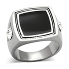 Men's stainless steel crystal jewelry ring with black stone and two clear crystals for elegant style
