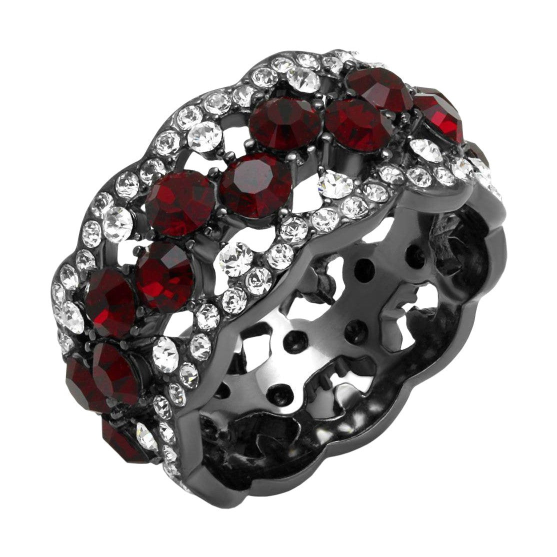 Stainless steel crystal ring featuring red and clear gems for an elegant look