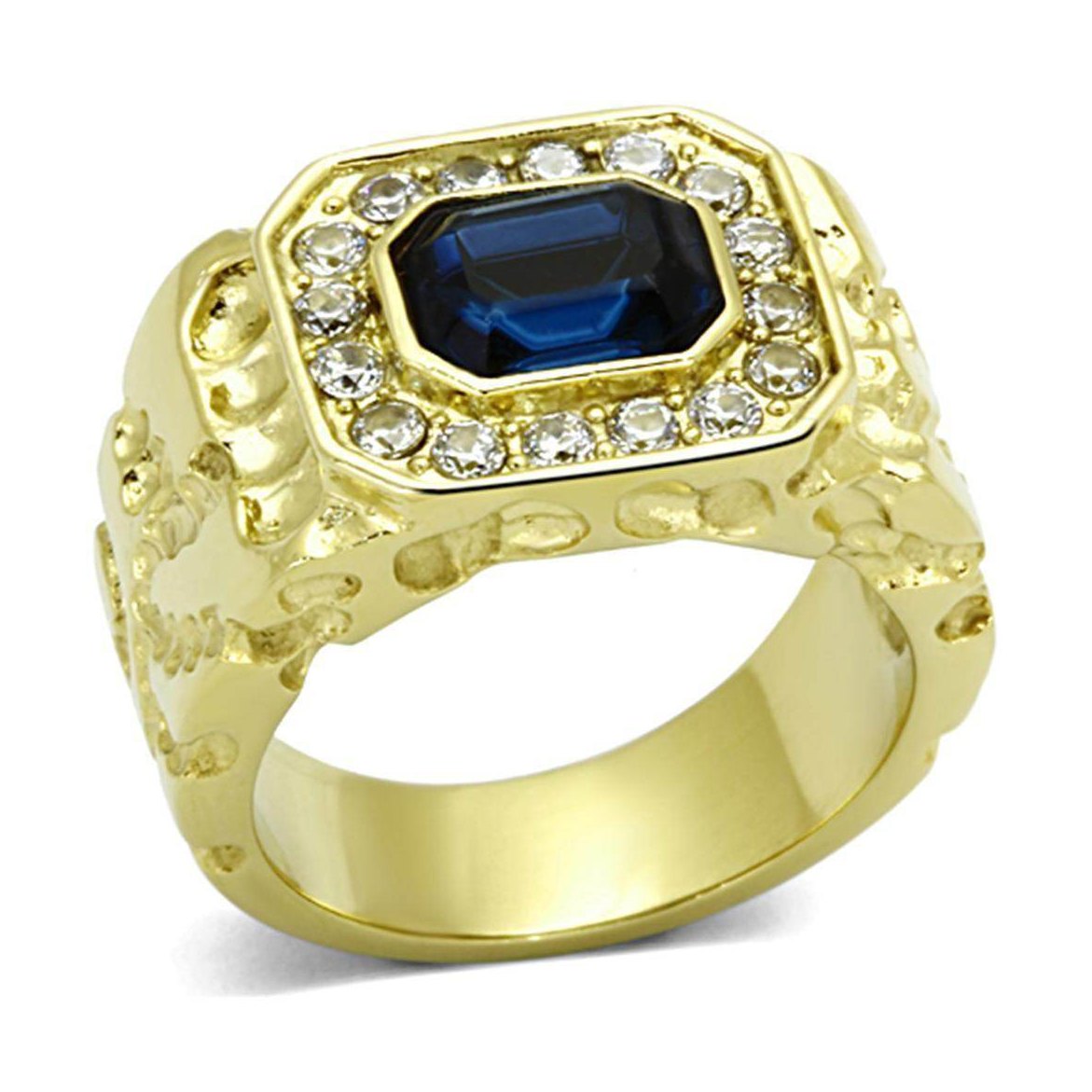 Men's stainless steel crystal rings featuring a bold golden design with a blue gemstone centerpiece