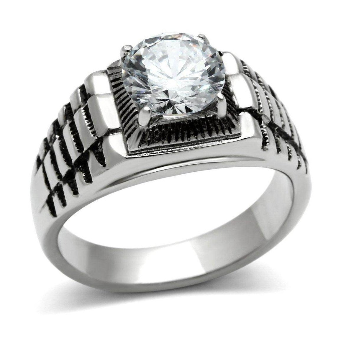 Men's stainless steel cubic ring with a large center stone and textured band for a bold look
