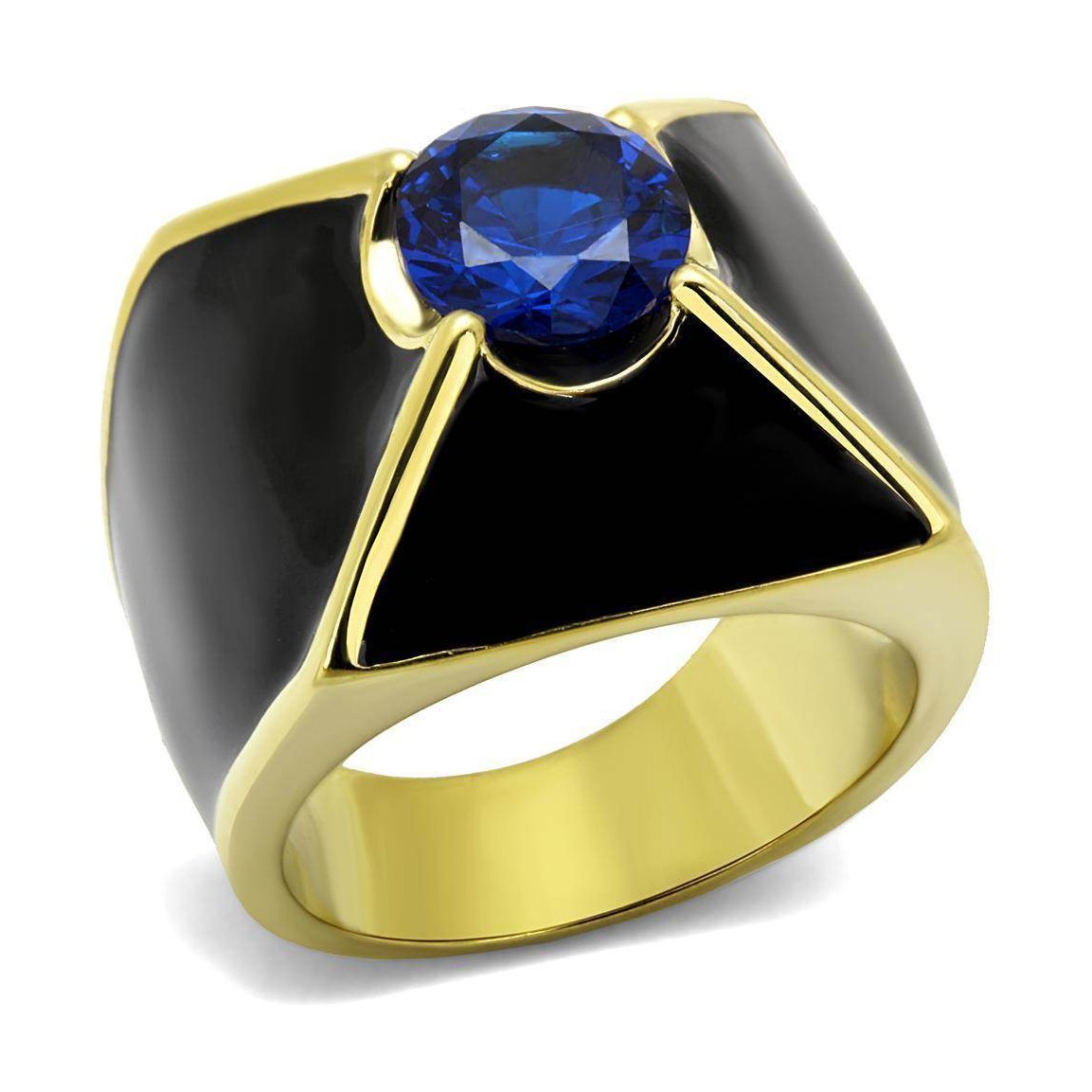 Bold men's stainless steel cubic zirconia ring featuring a blue gemstone and a sleek gold finish