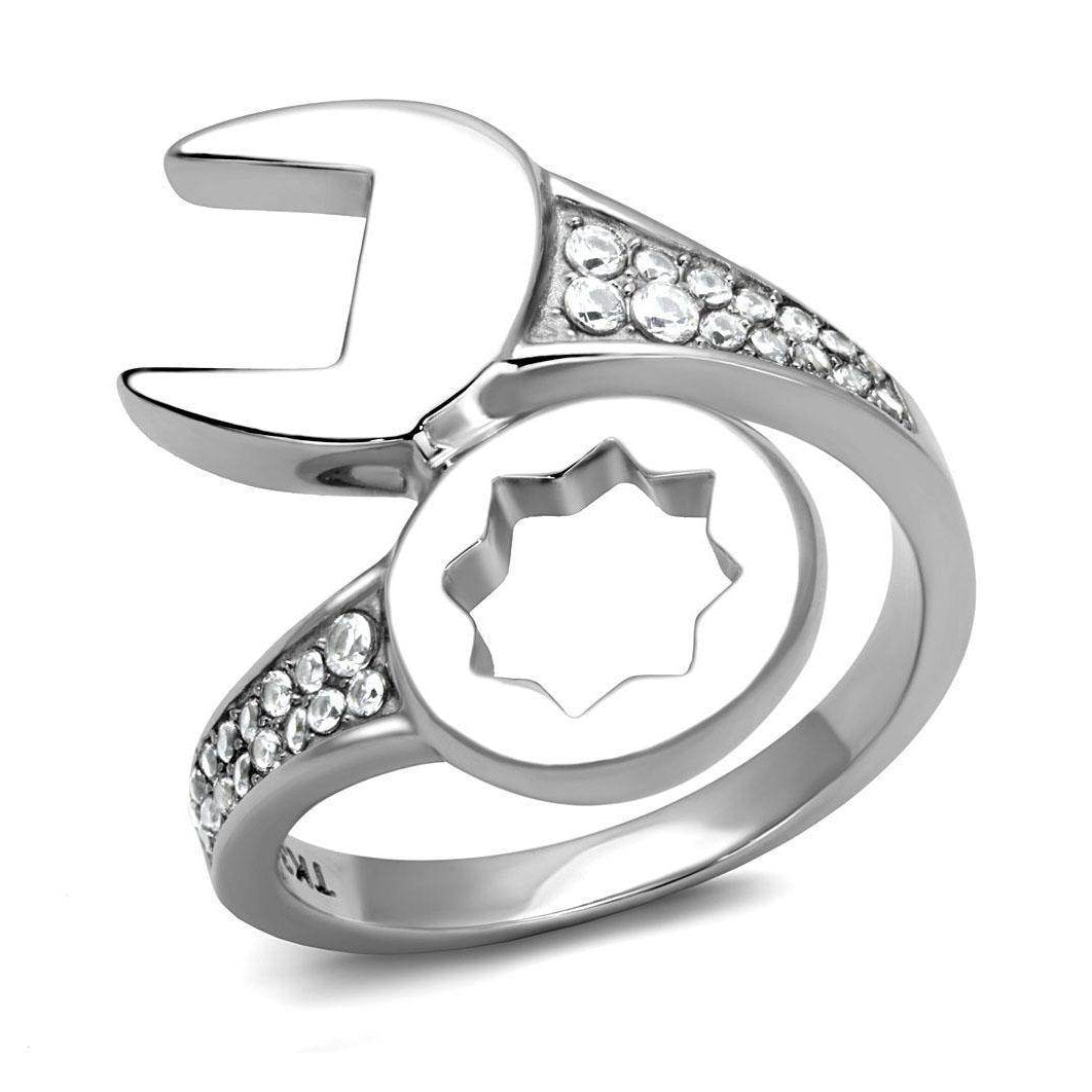 Stylish stainless steel cubic zirconia ring featuring a wrench design with sparkling stones