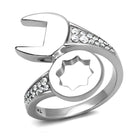 Stylish stainless steel cubic zirconia ring featuring a wrench design with sparkling stones