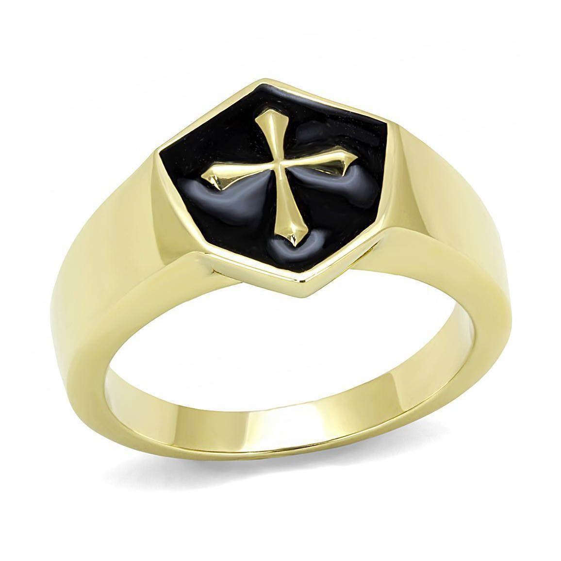 Stainless steel epoxy mens ring with a black and gold hexagonal design featuring a cross