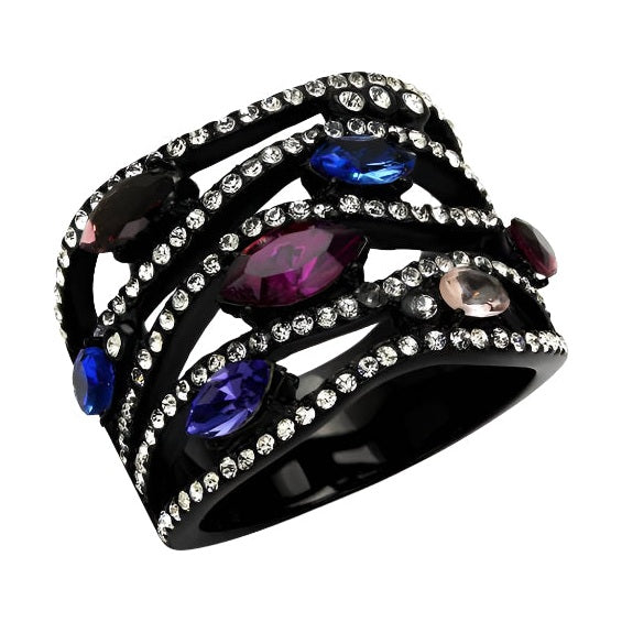 Elegant black stainless steel jewelry ring with colorful gemstones and sparkling accents