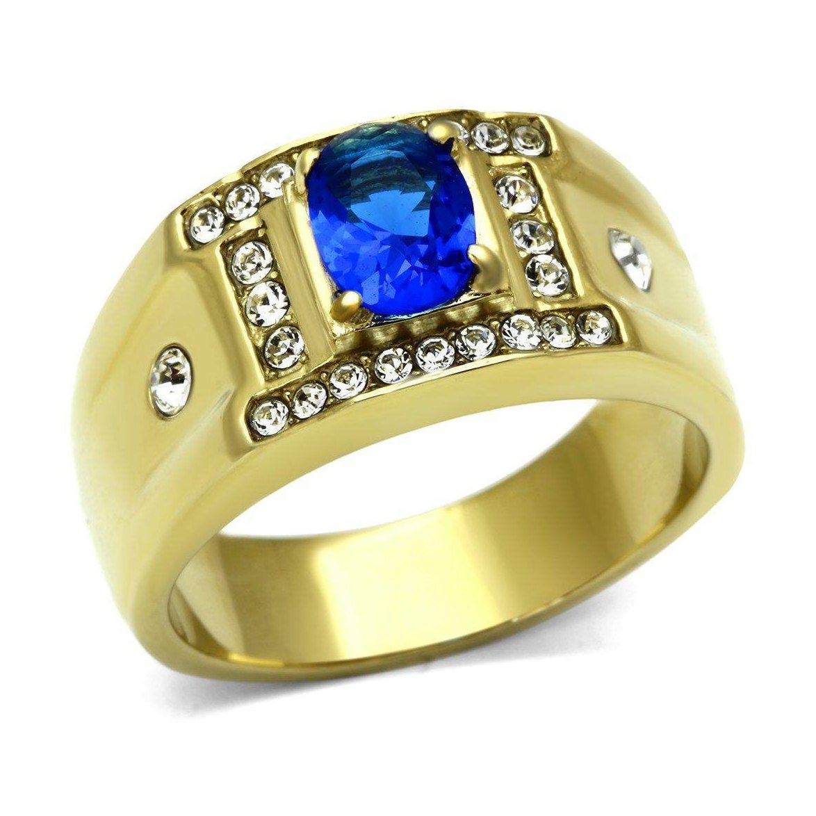 Gold Men's Ring with Blue Stone and Crystals, featuring stainless steel jewelry for men