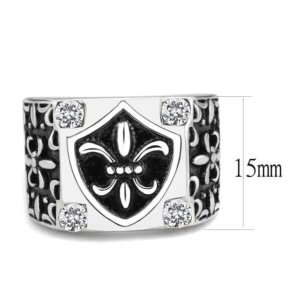 Stylish stainless steel mens ring featuring a black shield design and sparkling accents