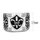 Stylish stainless steel mens ring featuring a black shield design and sparkling accents