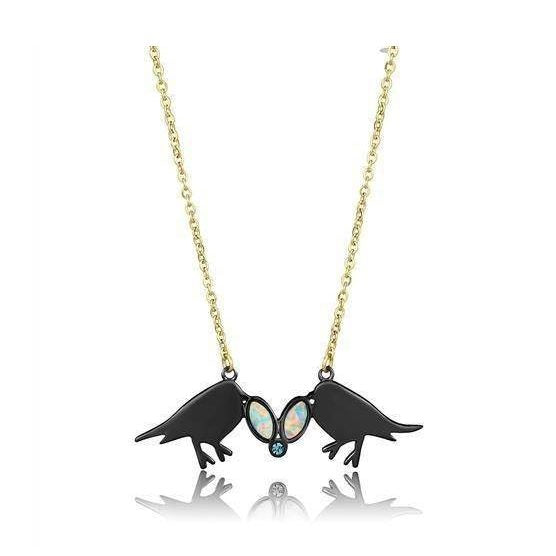 Beautiful stainless steel necklace gift for her featuring black birds and an opal gemstone