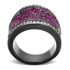 Stainless steel purple ring with sparkling gemstones and sleek black band for a stunning fashion statement