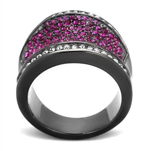 Stainless steel purple ring with sparkling gemstones and sleek black band for a stunning fashion statement