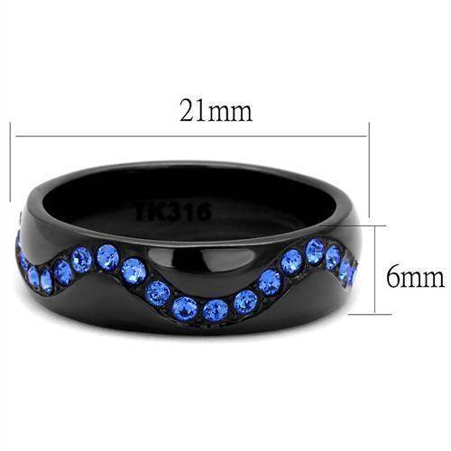 Stainless steel sapphire jewelry ring featuring a black finish and blue gemstones along the band