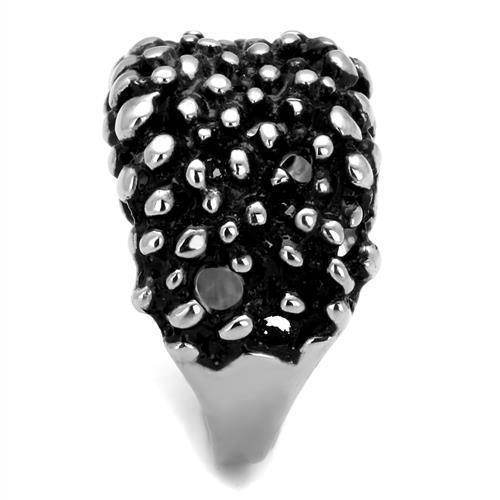 Unique stainless steel silver tone ring with textured surface and distinct design for men's jewelry