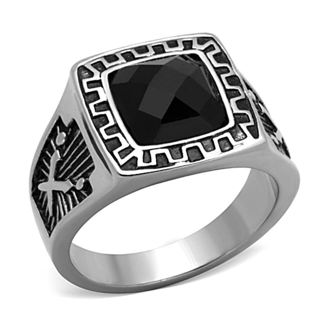 Stainless steel square ring featuring a black gemstone and intricate detailing for men's jewelry