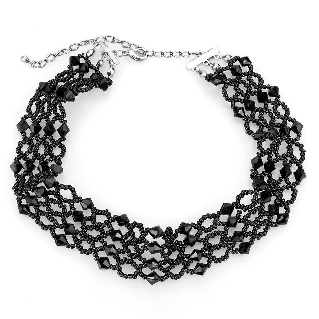Elegant statement necklace rhodium brass with black beaded design for a bold fashion look
