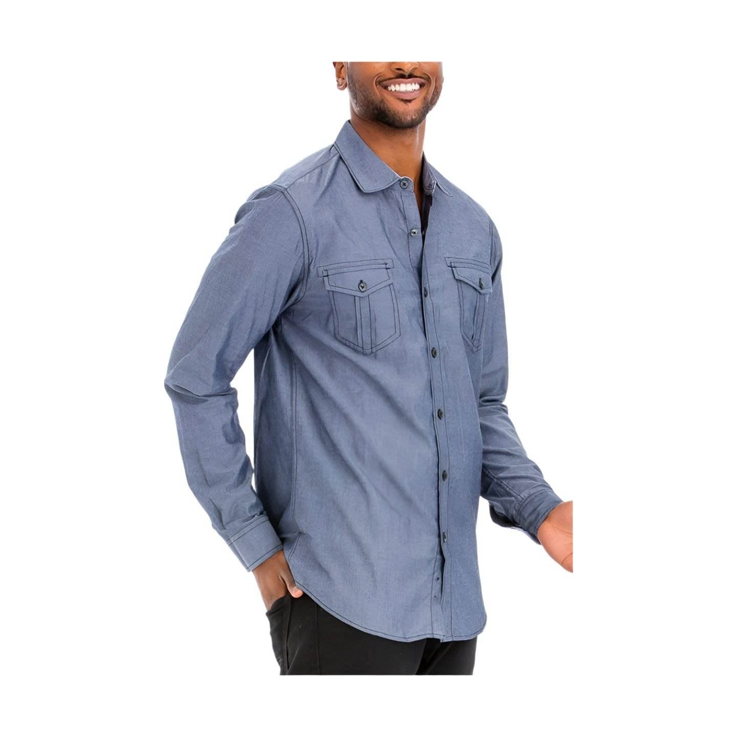 Men's Stitched Trim Casual Shirt for Men in Dark Blue with Button Front and Chest Pockets
