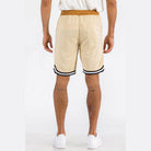 Men's striped active Jordan shorts in beige with black and white stripe detailing on sides