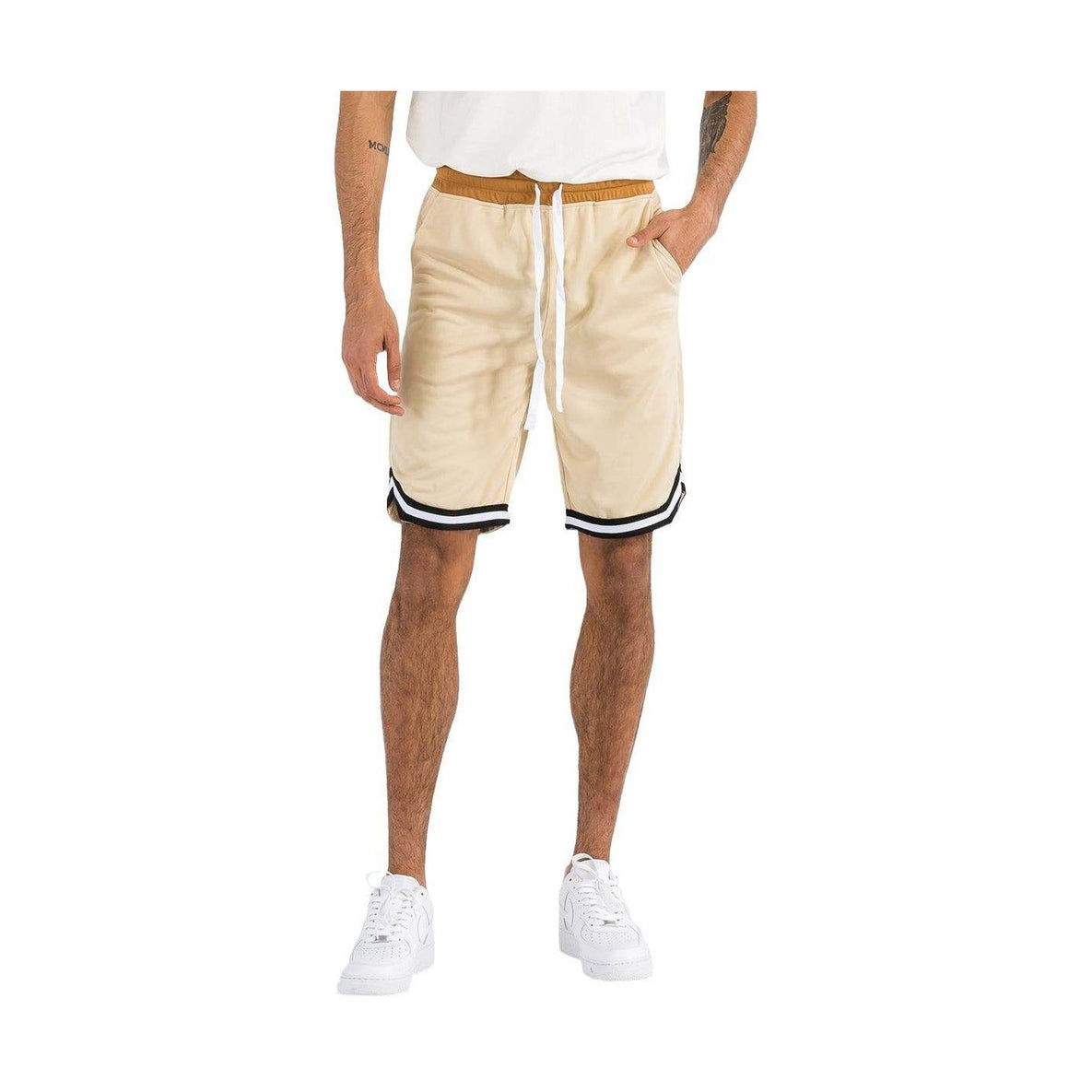 Men's striped active Jordan shorts in beige with black accents and comfortable fit for casual wear