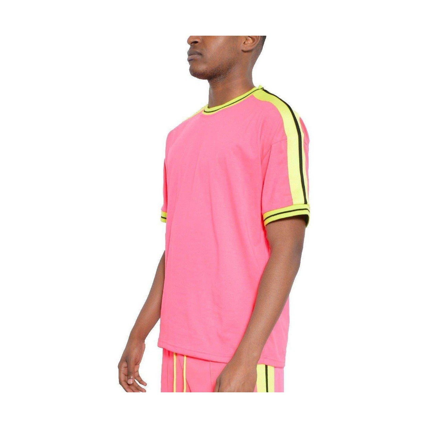 Men's striped short sleeve shirt in vibrant pink with contrasting lime green accents